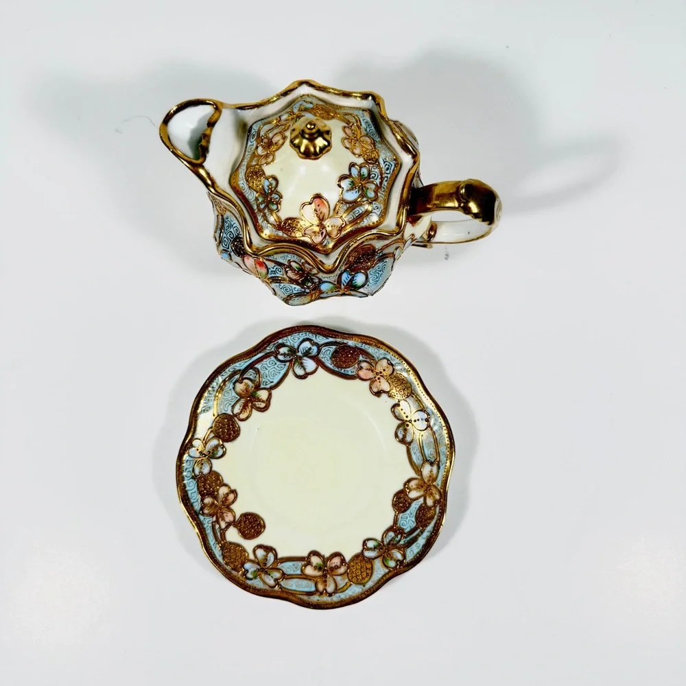 Antique Nippon Syrup Jug & Plate Hand Painted Blue Gold Moriage Flower‎ Signed